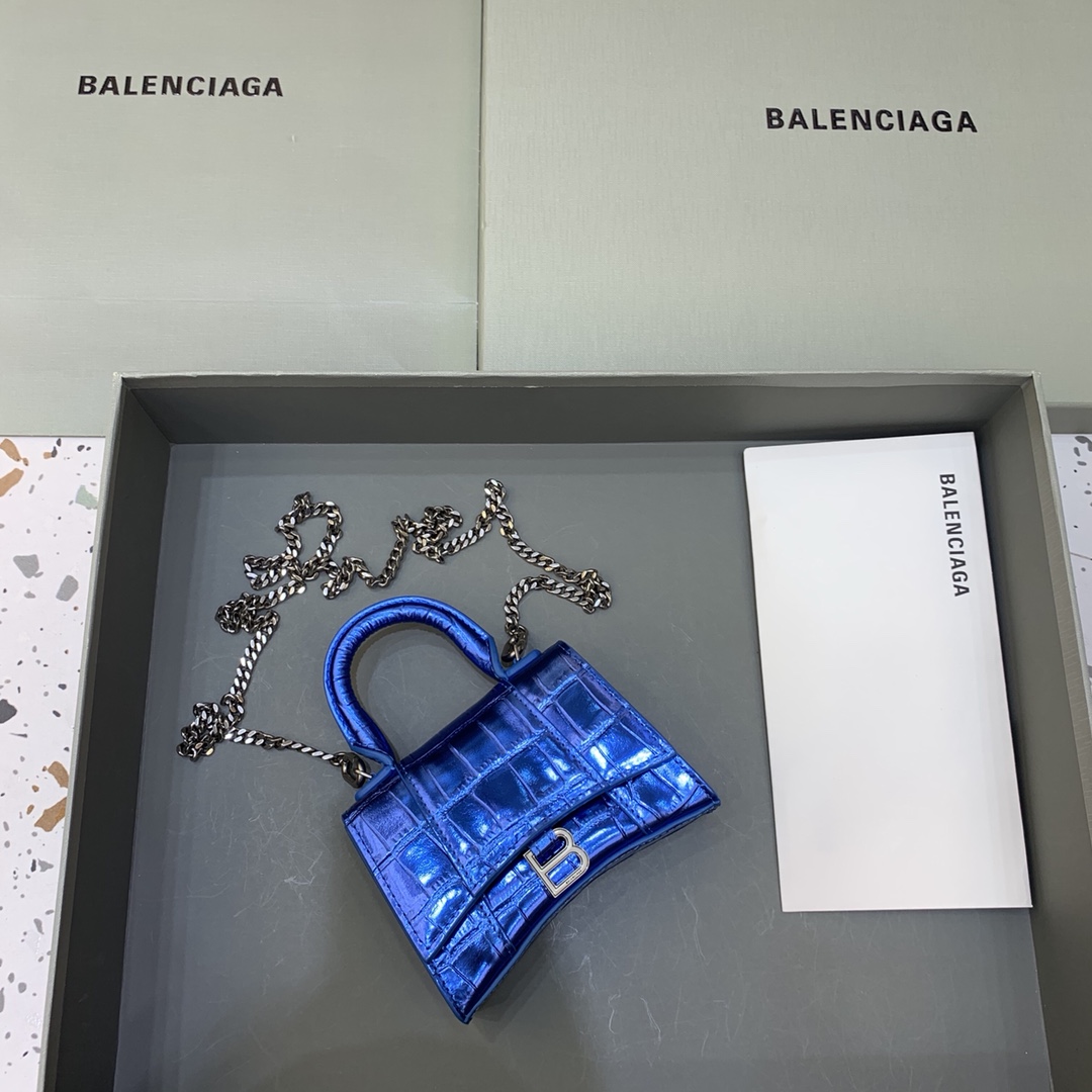 Balenciaga Hourglass Mini Handbag With Chain Crocodile Embossed Shoulder Bag Blue